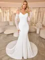 Sheath Spaghetti Straps Long Sleeves Pleated Court Train Stretch Crepe Wedding Dress
