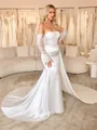 Sheath Straight Long Sleeves Appliques Lace Chapel Train Silk Like Satin Corset Wedding Dress