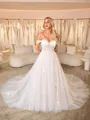 A-line Off-the-Shoulder Appliques Lace Cathedral Train Tulle Corset Wedding Dress