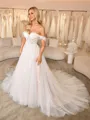 A-line Off-the-Shoulder Appliques Lace Cathedral Train Tulle Corset Wedding Dress