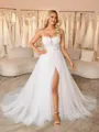 A-line Spaghetti Straps Appliques Lace Chapel Train Tulle Corset Wedding Dress