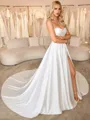 A-line Spaghetti Straps Pleated Chapel Train Satin Chiffon Corset Wedding Dress
