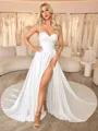 A-line Spaghetti Straps Pleated Chapel Train Satin Chiffon Corset Wedding Dress