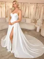 A-line Spaghetti Straps Pleated Chapel Train Satin Chiffon Corset Wedding Dress