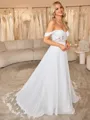 A-line Off-the-Shoulder Appliques Lace Chapel Train Chiffon Corset Wedding Dress