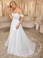 A-line Off-the-Shoulder Appliques Lace Chapel Train Chiffon Corset Wedding Dress