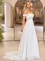 A-line Off-the-Shoulder Appliques Lace Chapel Train Chiffon Corset Wedding Dress