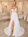 A-line V-neck Appliques Lace Sweep Train Wedding Dress