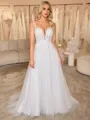 A-line Illusion Appliques Lace Sweep Train Tulle Corset Wedding Dress
