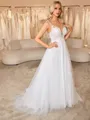 A-line Illusion Appliques Lace Sweep Train Tulle Corset Wedding Dress