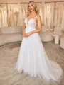 A-line Illusion Appliques Lace Sweep Train Tulle Corset Wedding Dress