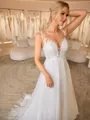 A-line Illusion Appliques Lace Sweep Train Tulle Corset Wedding Dress