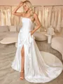A-line Straight Pleated Chapel Train Satin Corset Wedding Dress