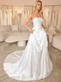 A-line Straight Pleated Chapel Train Satin Corset Wedding Dress