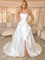 A-line Straight Pleated Chapel Train Satin Corset Wedding Dress