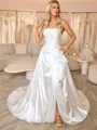 A-line Straight Pleated Chapel Train Satin Corset Wedding Dress