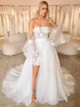 A-line Straight Long Sleeves Appliques Lace Court Train Organza Corset Convertible Wedding Dress