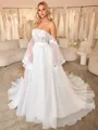 A-line Straight Long Sleeves Appliques Lace Court Train Organza Corset Convertible Wedding Dress