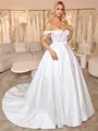 A-line Off-the-Shoulder Appliques Lace Chapel Train Satin Corset Convertible Wedding Dress