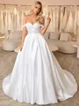 A-line Off-the-Shoulder Appliques Lace Chapel Train Satin Corset Convertible Wedding Dress