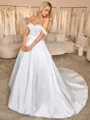 A-line Off-the-Shoulder Appliques Lace Chapel Train Satin Corset Convertible Wedding Dress