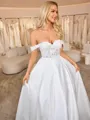 A-line Off-the-Shoulder Appliques Lace Chapel Train Satin Corset Convertible Wedding Dress