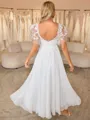 A-line V-neck Short Sleeves Appliques Lace Asymmetrical Chiffon Wedding Dress