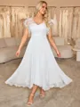 A-line V-neck Short Sleeves Appliques Lace Asymmetrical Chiffon Wedding Dress