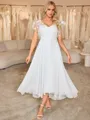 A-line V-neck Short Sleeves Appliques Lace Asymmetrical Chiffon Wedding Dress