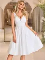 A-line V-neck Appliques Lace Knee-Length Tulle Wedding Dress