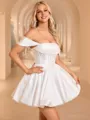 Ball-Gown Off-the-Shoulder Pleated Short/Mini Taffeta Corset Wedding Dress