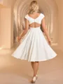 A-line V-neck Short Sleeves Pleated Knee-Length Stretch Crepe Wedding Dress