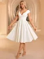 A-line V-neck Short Sleeves Pleated Knee-Length Stretch Crepe Wedding Dress