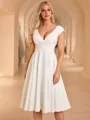 A-line V-neck Short Sleeves Pleated Knee-Length Stretch Crepe Wedding Dress