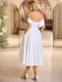 A-line Off-the-Shoulder Pleated Tea-Length Satin Corset Wedding Dress