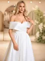 A-line Off-the-Shoulder Pleated Tea-Length Satin Corset Wedding Dress