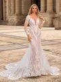 Sheath/Column Tulle Scoop Long Sleeves Cathedral Train Wedding Dresses