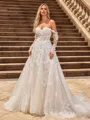 A-line/Princess Tulle Off-the-Shoulder Long Sleeves Chapel Train Wedding Dresses
