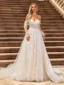 A-line/Princess Tulle Off-the-Shoulder Long Sleeves Chapel Train Wedding Dresses