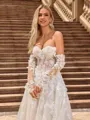 A-line/Princess Tulle Off-the-Shoulder Long Sleeves Chapel Train Wedding Dresses