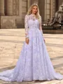 A-line/Princess Lace High Neck Long Sleeves Chapel Train Wedding Dresses