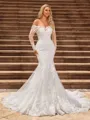 Trumpet/Mermaid Tulle Off-the-Shoulder Long Sleeves Cathedral Train Wedding Dresses