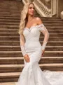 Trumpet/Mermaid Tulle Off-the-Shoulder Long Sleeves Cathedral Train Wedding Dresses
