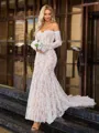 Sheath/Column Lace Off-the-Shoulder Long Sleeves Court Train Wedding Dresses