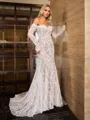 Sheath/Column Lace Off-the-Shoulder Long Sleeves Court Train Wedding Dresses