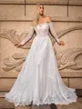 A-line/Princess Lace Off-the-Shoulder Long Sleeves Sweep Train Wedding Dresses