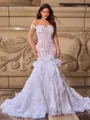 Trumpet/Mermaid Organza Scoop Long Sleeves Chapel Train Wedding Dresses