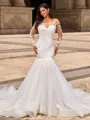 Trumpet/Mermaid Tulle Scoop Long Sleeves Cathedral Train Wedding Dresses
