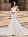Trumpet/Mermaid Tulle Scoop Long Sleeves Cathedral Train Wedding Dresses