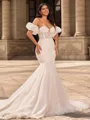 Trumpet/Mermaid Tulle Sweetheart Short Sleeves Cathedral Train Wedding Dresses